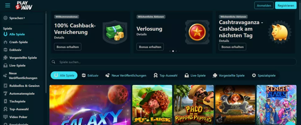 Play2win Casino – 400% Einzahlungsbonus + 100% Cashback-Versicherung jetzt sichern